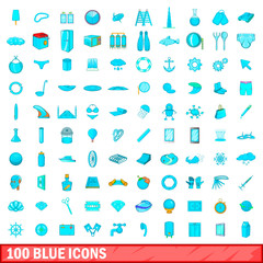 100 blue icons set, cartoon style