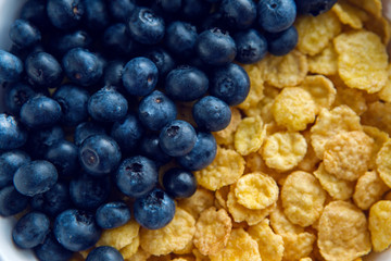 granola with blueberries in white bowl on wooden white background