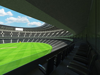 3D render of a round cricket stadium with black seats and VIP boxes