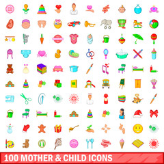 100 mother and child icons set, cartoon style