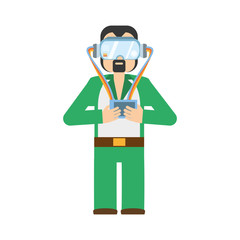 man wearing vr goggles with control vector illustration eps 10