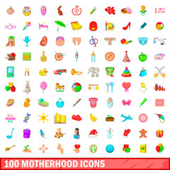 100 motherhood icons set, cartoon style