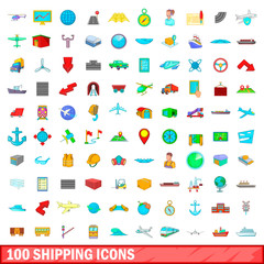 100 shipping icons set, cartoon style
