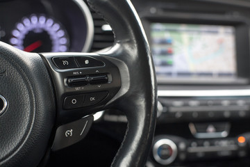 the steering wheel features cruise control buttons forward back