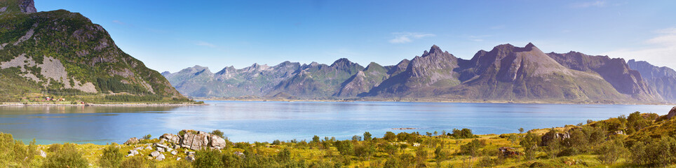 Fototapeta na wymiar Norway Fjord. Sunny summer landscape panorama