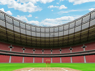 3D render of a round cricket stadium with red seats and VIP boxes