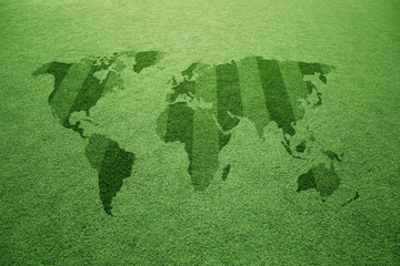 Conceptual empty green soccer or football field grass pattern on the world map background.