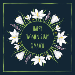 Floral card 8 March with crocuses and lavender