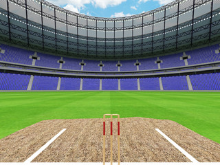 3D render of a round cricket stadium with blue seats and VIP boxes