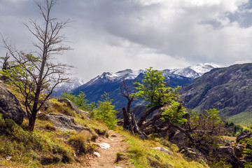 Landscape with scenic path trough the woods with mountains covered with snow on the back. Green grass, sky with clouds. Selective focus.