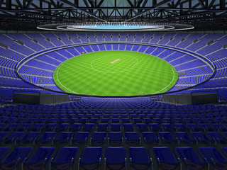 3D render of a round cricket stadium with blue seats and VIP boxes