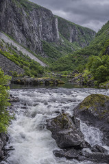 Fototapeta na wymiar Fishing travel. River and mountains in Norway