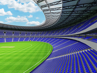 Fototapeta na wymiar 3D render of a round cricket stadium with blue seats and VIP boxes