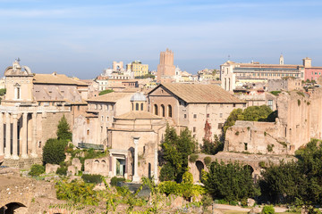 Rome, Italy. Roman Forum: Temple of Antoninus and Faustina (141 AD), Temple of Romulus (307 AD), Church of Santi Cosma e Damiano