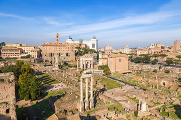 Rome, Italy. Roman Forum: Temple of Castor and Pollux, temple of Saturn, Vespasian's Temple, Arch...