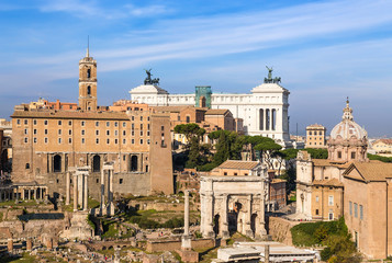Rome, Italy. From left to right: the temple of Saturn, Tabularium (Senators Palace), Temple of...