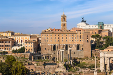Rome, Italy. Roman Forum, from left to right: Portico of the Twelve Gods, Temple of Saturn, Temple...
