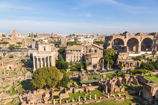 Rome, Italy. Roman Forum, as seen from the Palatine: Temple of Antoninus and Faustina, Temple of Romulus, Santi Cosma e Damiano, Basilica of Maxentius