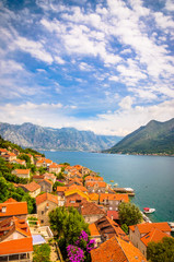 Naklejka na ściany i meble Beautiful mediterranean landscape - town Perast, Kotor bay (Boka Kotorska), Montenegro.