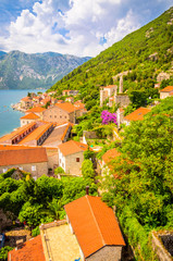 Fototapeta premium Beautiful mediterranean landscape - town Perast, Kotor bay (Boka Kotorska), Montenegro.