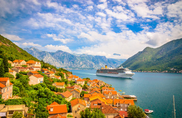 Beautiful mediterranean landscape. Cruise ship near town Perast, Kotor bay (Boka Kotorska),...