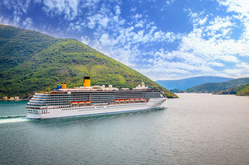 Beautiful mediterranean landscape. Cruise ship near town Perast, Kotor bay (Boka Kotorska),...