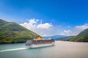 Beautiful mediterranean landscape. Cruise ship near town Perast, Kotor bay (Boka Kotorska),...