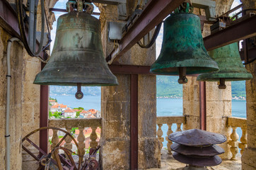 Obraz premium Bells on church tower - town Perast, Kotor bay (Boka Kotorska), Montenegro.