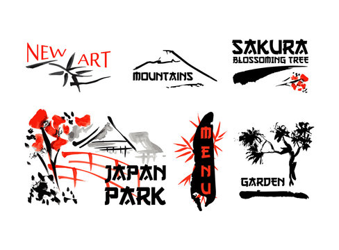 Logo templates set with asia landscapes, buildings and blossoming sakura branchs symbols in traditional japanese sumi-e style. Vector sign for design