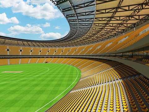 3D render of a round cricket stadium with yellow orange  seats and VIP boxes