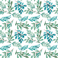Watercolor Green And Light Blue Foliage Seamless Pattern