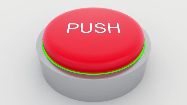 Big red button with push inscription being pushed. Conceptual 4K clip