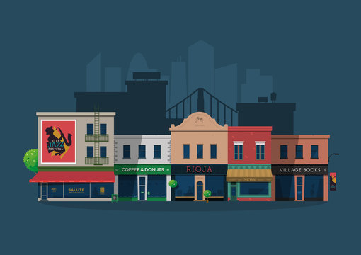 Illustrated vector city village street with shops and bars