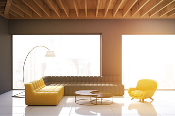 Gray living room with panoramic windows, toned