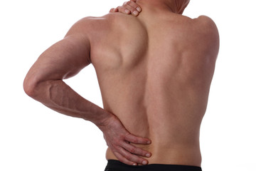 Fototapeta na wymiar Sport injury, Man with back, neck pain. Pain relief and health care concept isolated on white.