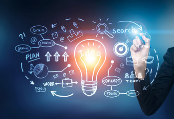 Glowing light bulb and man hand