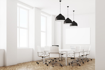 White meeting room with lamps, side