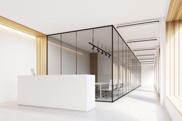 Office lobby, narrow reception, side view