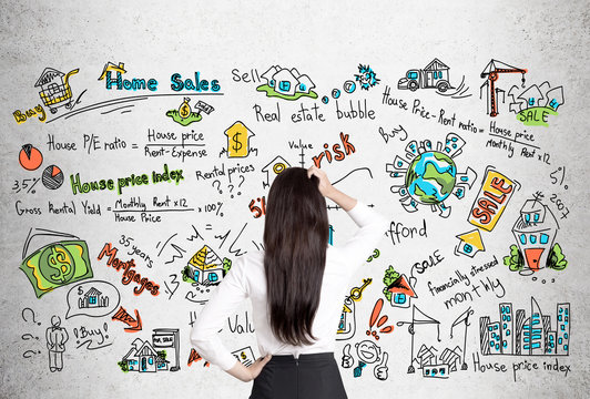 Woman with black hair and real estate icons