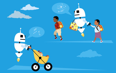 Robot nannies walking children to school and taking care of baby, EPS 8 vector illustration