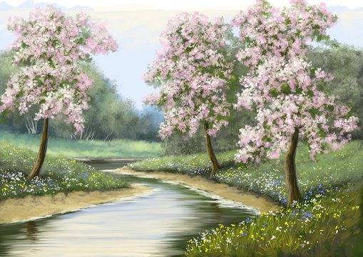Spring,flower,river, paintings