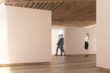 Fototapeta premium Art gallery wooden floor, ceiling, people, side