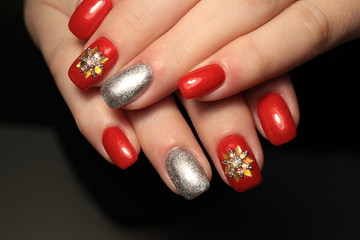 nail design red and silver colors with snowflake rhinestones
