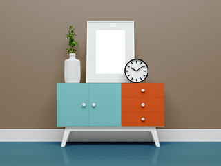 Mockup poster in the interior on the bureau or table in trendy colors 3d illustration.