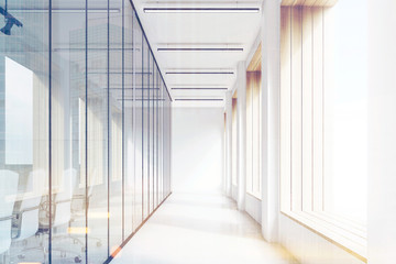 Front view of office corridor, glass, poster, tone