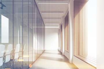 Front view of office corridor, glass, toned