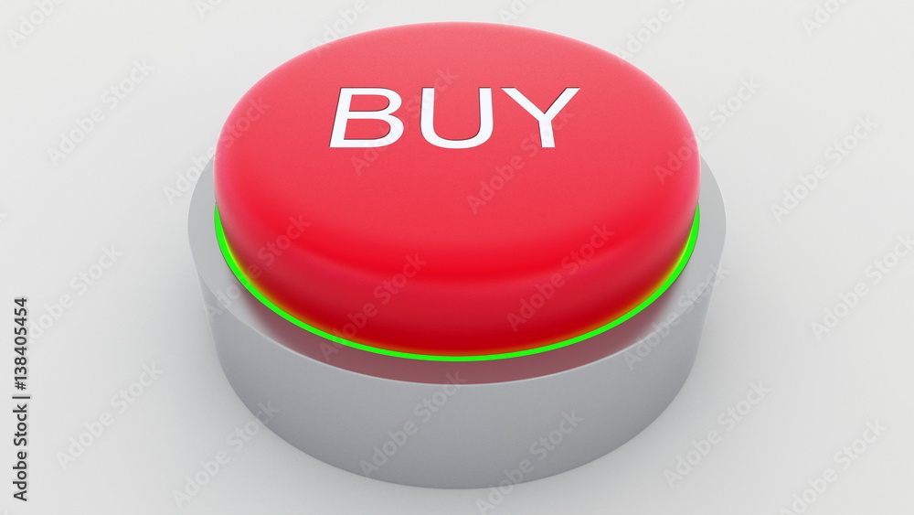 Poster big red button with buy inscription being pushed. conceptual 3d rendering