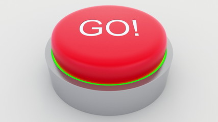 Big red button with go inscription being pushed. Conceptual 3D rendering