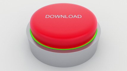 Big red button with download inscription being pushed. Conceptual 3D rendering