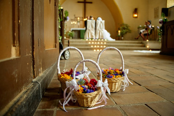 wedding flower basket in church